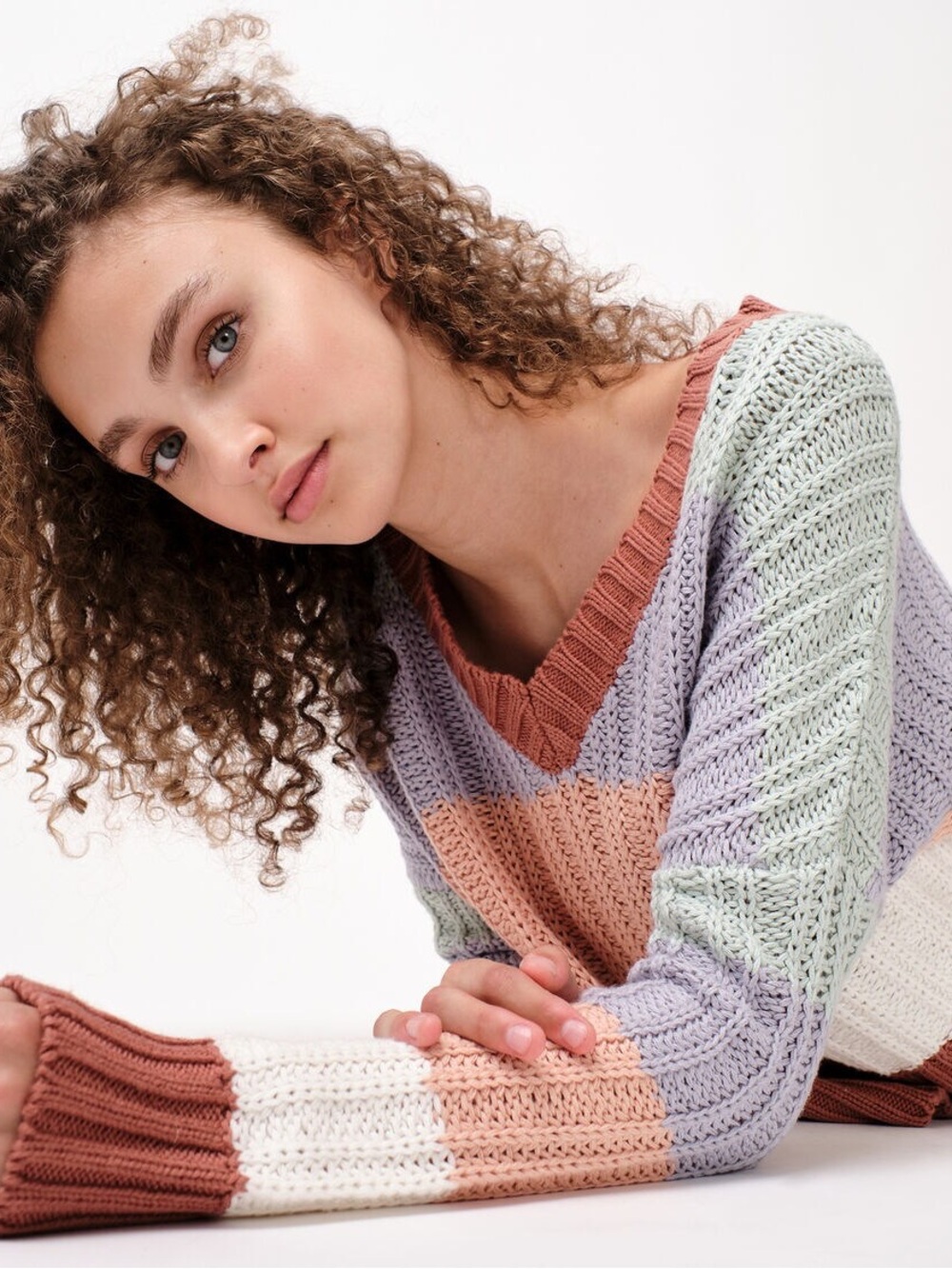 Aeropostale Pastel Striped V-Neck Sweater in Rust, Lavender & Mint